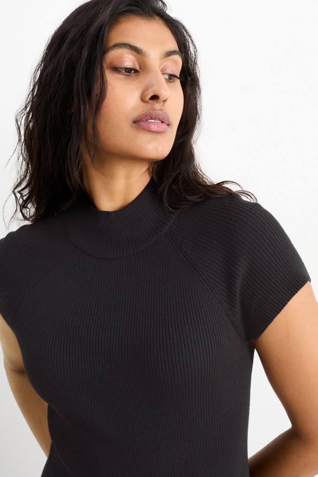 Damen - Figurbetontes Strickkleid mit Stehkragen - gerippt - schwarz
