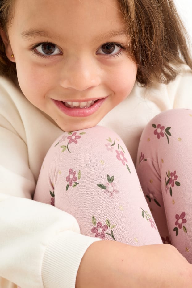 Kinderen: meisjes - Set van 5 - bloemen - thermolegging - roze