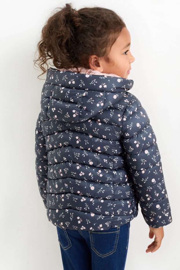 Enfants filles - Doudoune à capuche - déperlante - à fleurs - bleu foncé