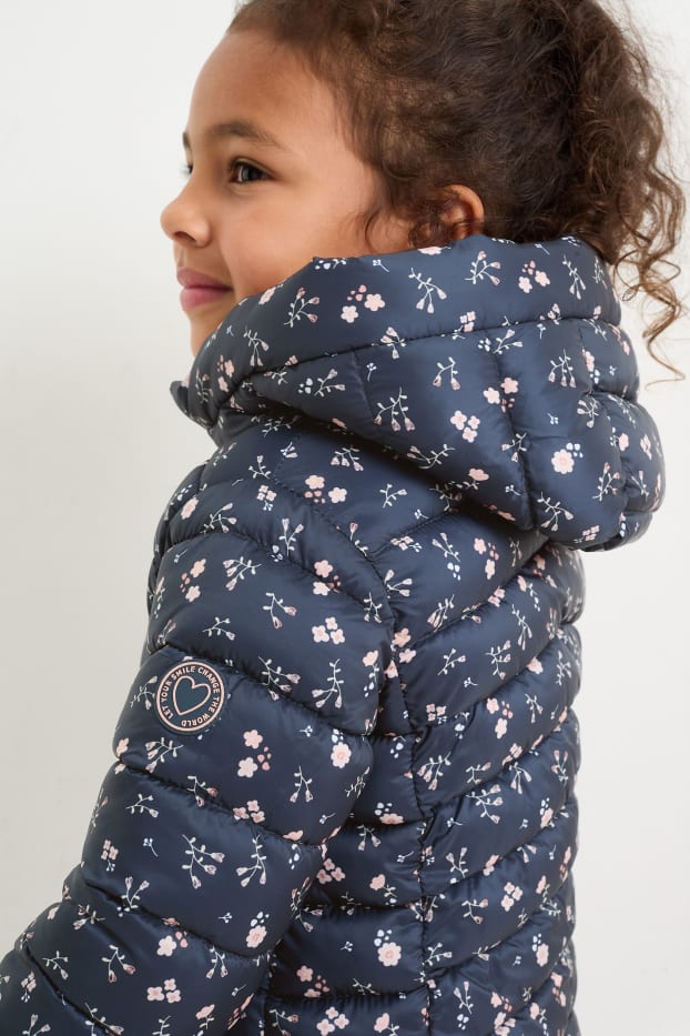 Enfants filles - Doudoune à capuche - déperlante - à fleurs - bleu foncé