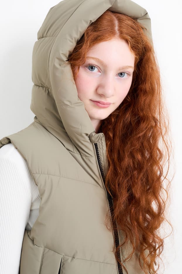 Enfants filles - Longue doudoune sans manches à capuche - déperlante - vert / gris