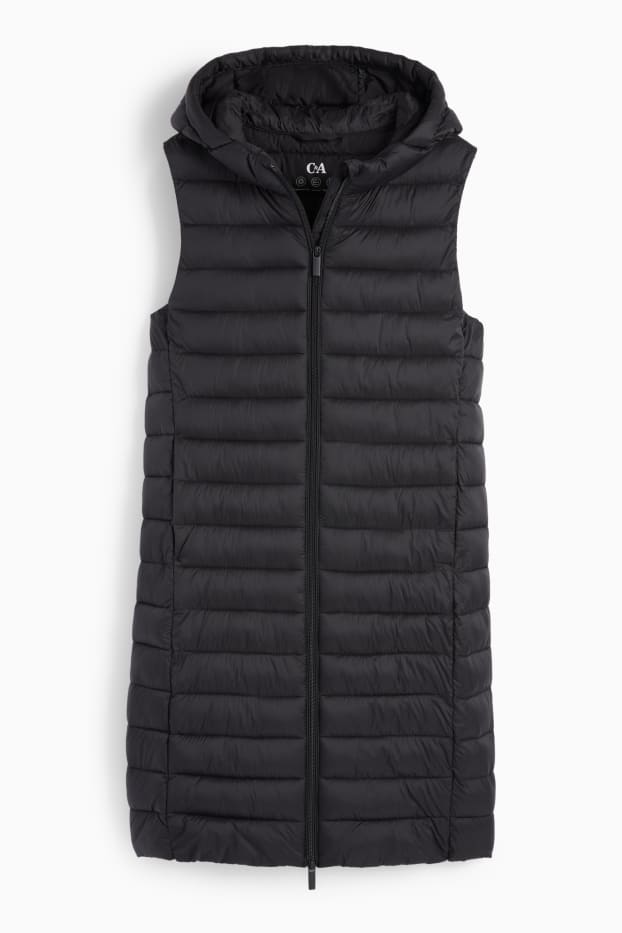 Women - Long quilted gilet with hood - black