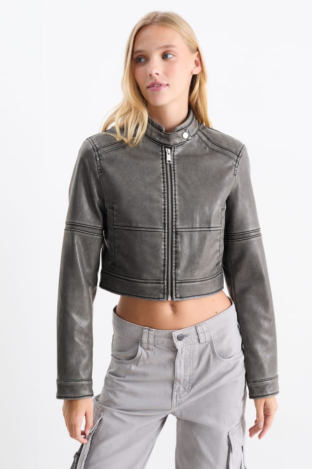 Dona - Caçadora biker crop - pell sintètica - gris fosc