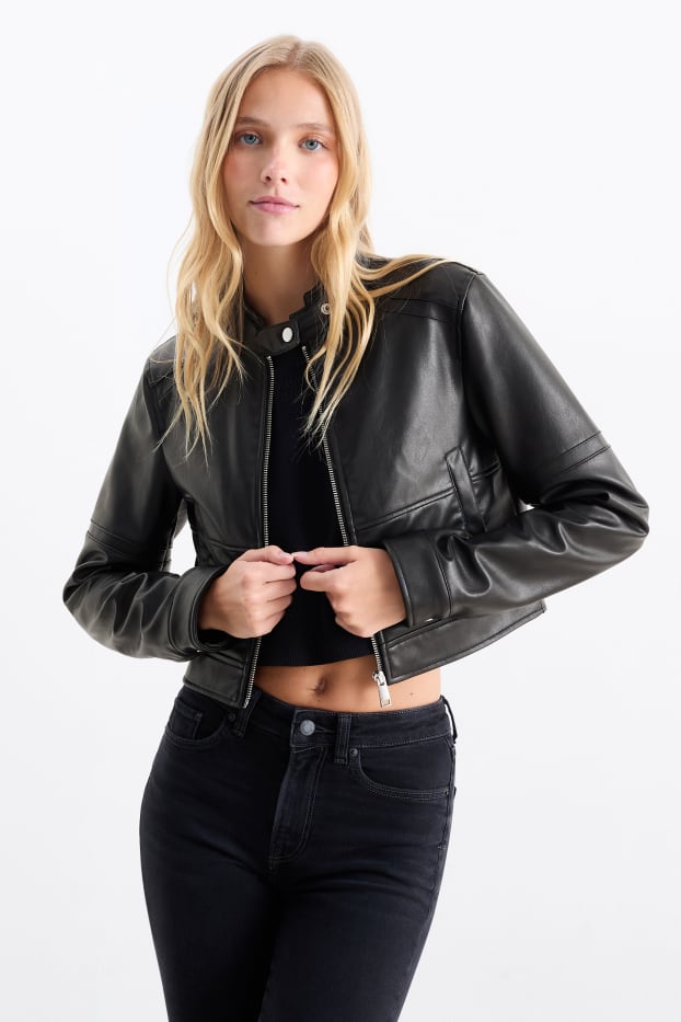 Dames - Kort bikerjack - imitatieleer - zwart