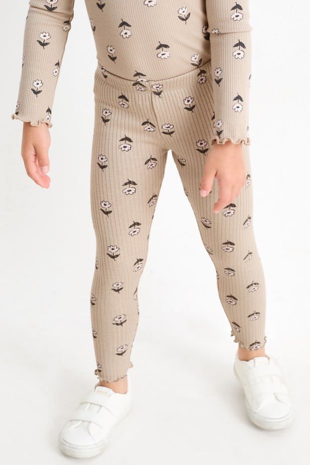 Enfants filles - Lot de 2 - fleur - leggings de maille - noir / beige