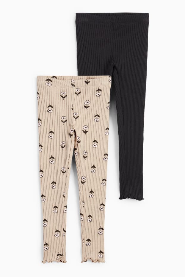 Enfants filles - Lot de 2 - fleur - leggings de maille - noir / beige