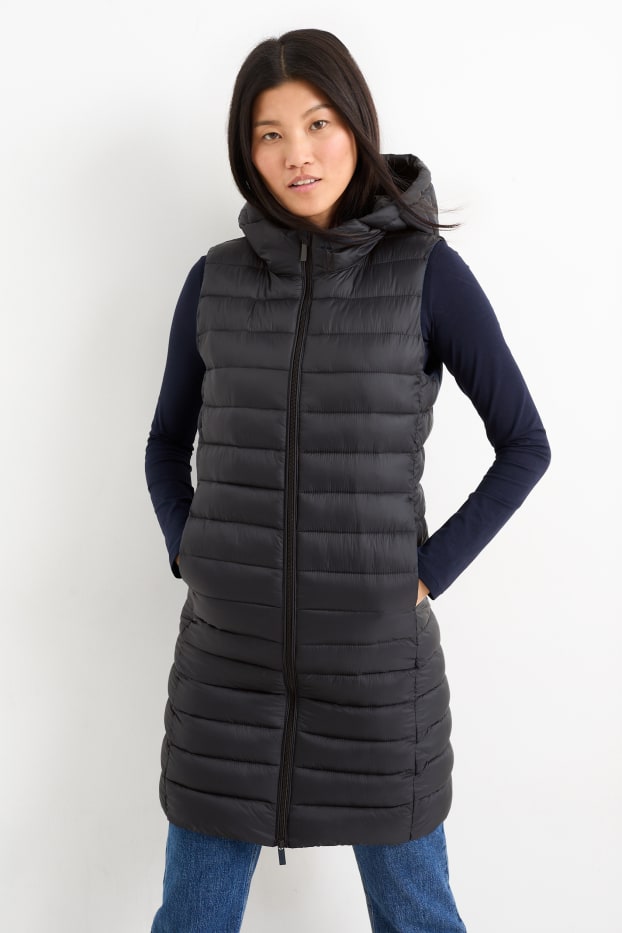 Women - Long quilted gilet with hood - black