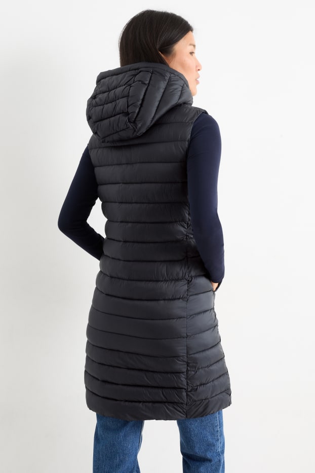 Women - Long quilted gilet with hood - black