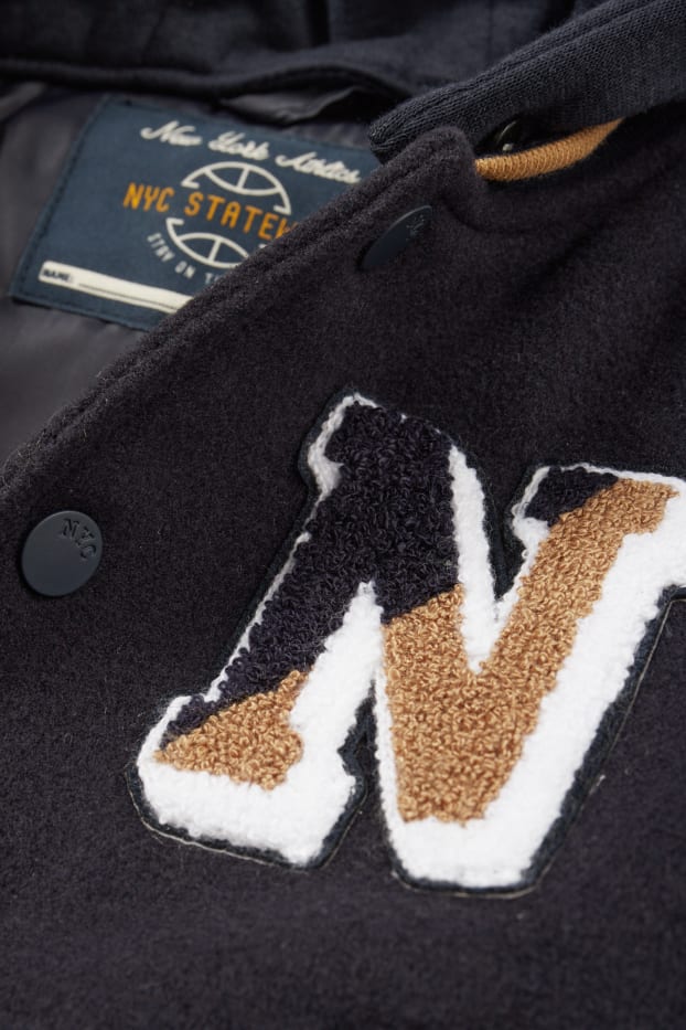 Kinderen: jongens - Fleece collegejas met capuchon - blauw / beige