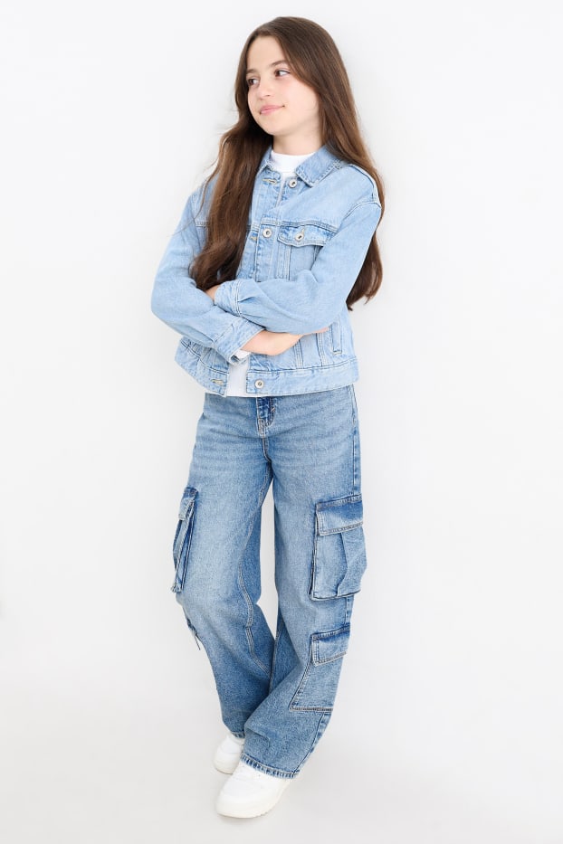 Kinderen: meisjes - Wide leg cargojeans - jeansblauw