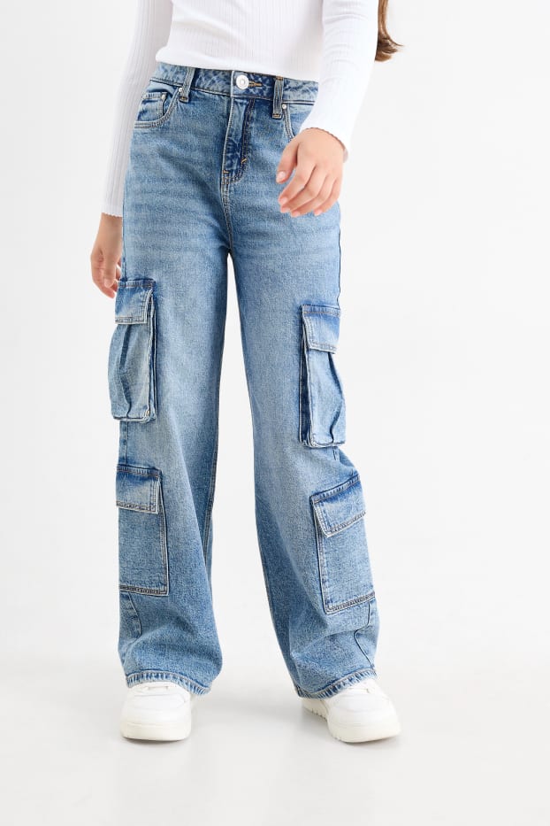 Kinderen: meisjes - Wide leg cargojeans - jeansblauw