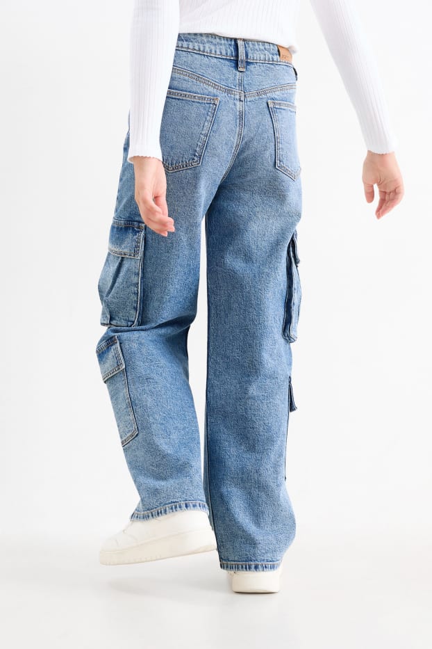 Kinderen: meisjes - Wide leg cargojeans - jeansblauw