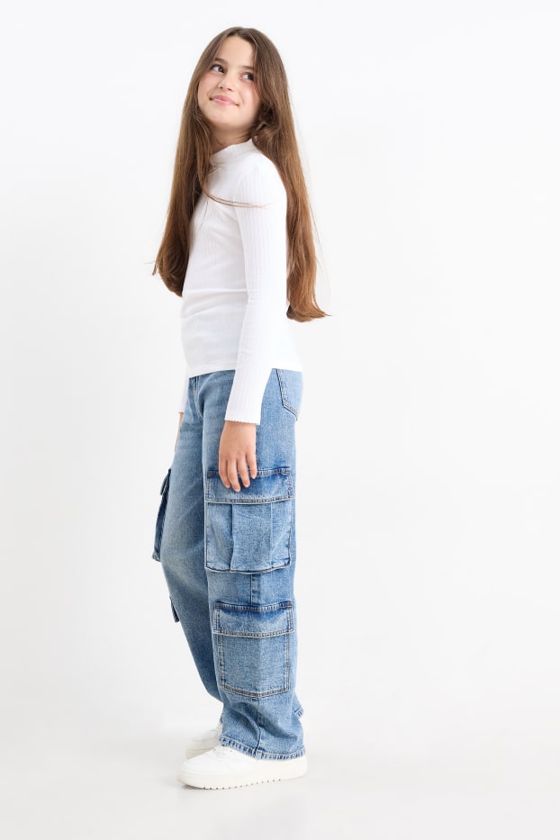 Kinderen: meisjes - Wide leg cargojeans - jeansblauw