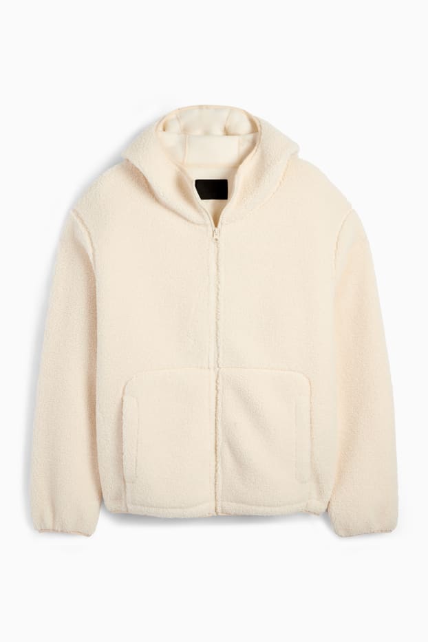 Uomo - Giacca in pelo teddy con cappuccio - bianco crema