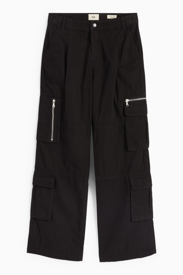 Damen - Cargohose - Mid Waist - Wide Leg - schwarz