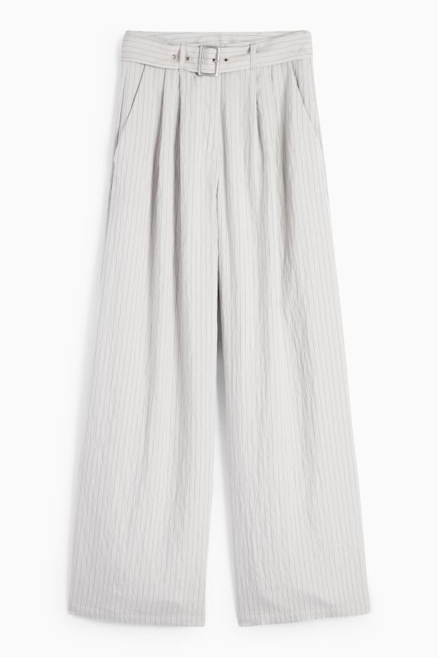 Donna - Pantaloni di stoffa con cintura - vita alta - gamba larga - design gessato - grigio chiaro