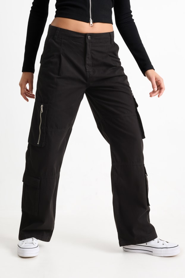 Damen - Cargohose - Mid Waist - Wide Leg - schwarz