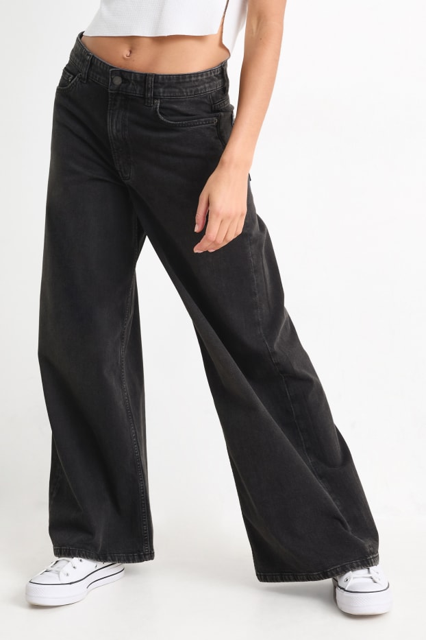 Damen - Wide Leg Jeans - Low Waist - schwarz