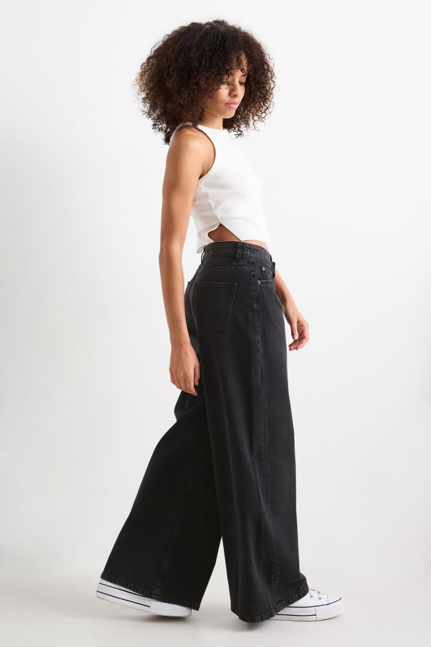 Damen - Wide Leg Jeans - Low Waist - schwarz