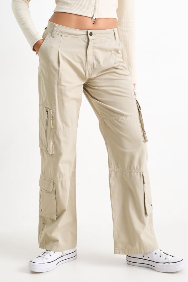 Dona - Pantalons cargo - mid waist - wide leg - beix clar