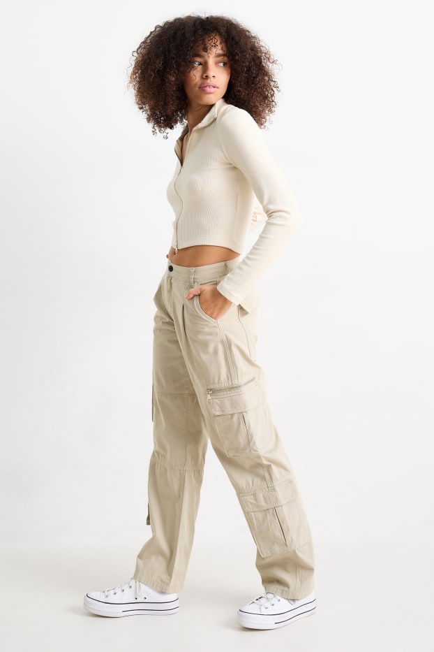 Dona - Pantalons cargo - mid waist - wide leg - beix clar