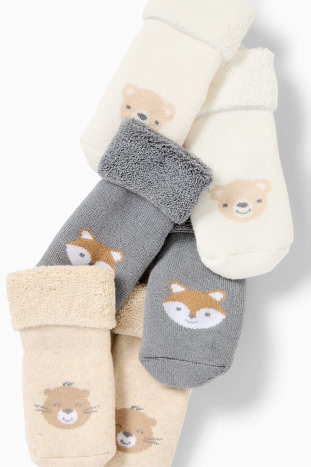 Bébés garçons - Lot de 3 paires - animaux de la forêt - chaussettes pour nouveau-né à motif - gris / beige