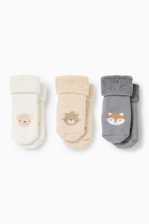 Bébés garçons - Lot de 3 paires - animaux de la forêt - chaussettes pour nouveau-né à motif - gris / beige
