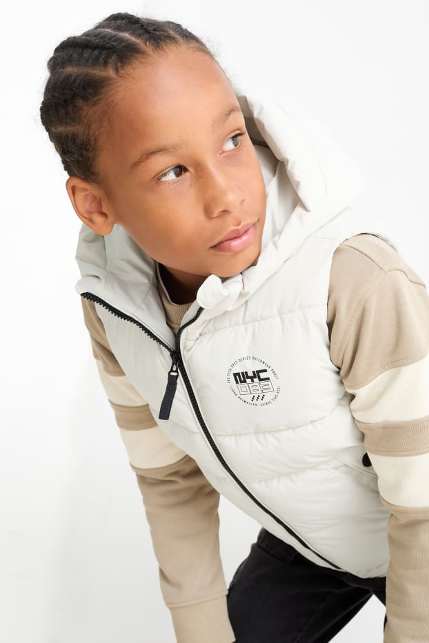 Kinderen: jongens - Bodywarmer met capuchon - waterafstotend - crème wit