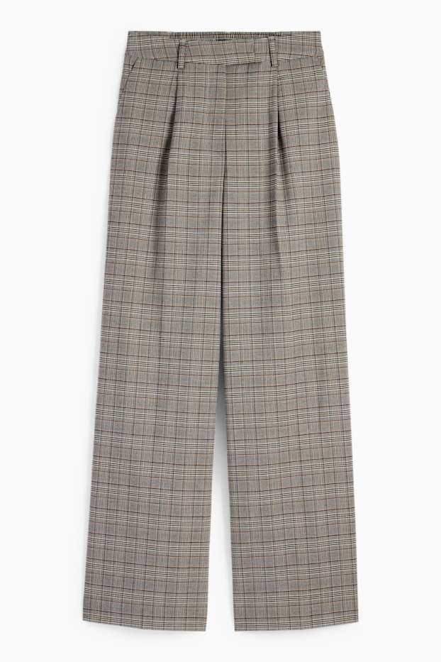Dámské - Plátěné kalhoty - high waist - wide leg - kostkované - šedá