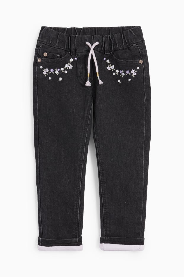 Kinder Mädchen - Thermojeans - geblümt - dunkelgrau