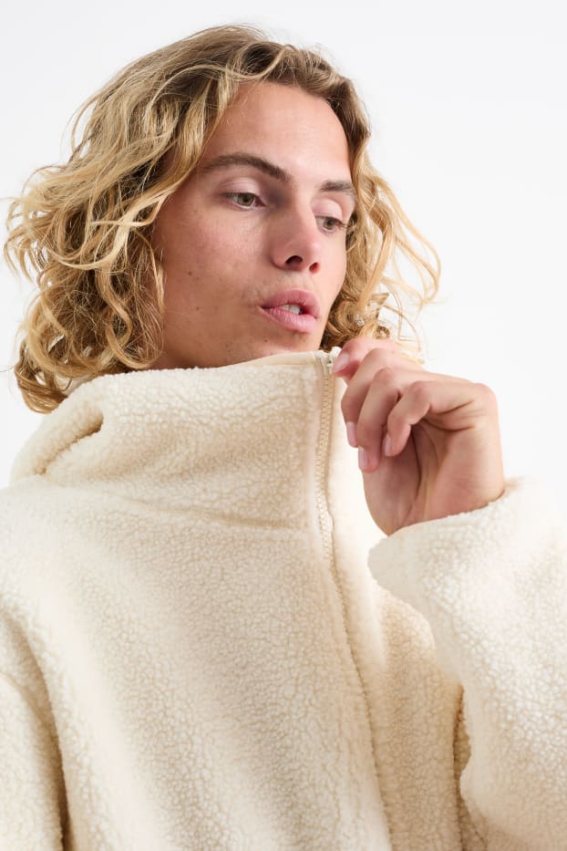 Uomo - Giacca in pelo teddy con cappuccio - bianco crema