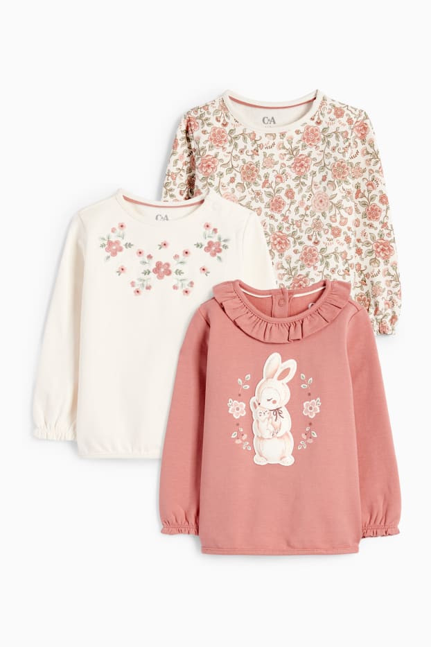 Baby Mädchen - Multipack 3er - Baby-Sweatshirt - geblümt - dunkelrosa
