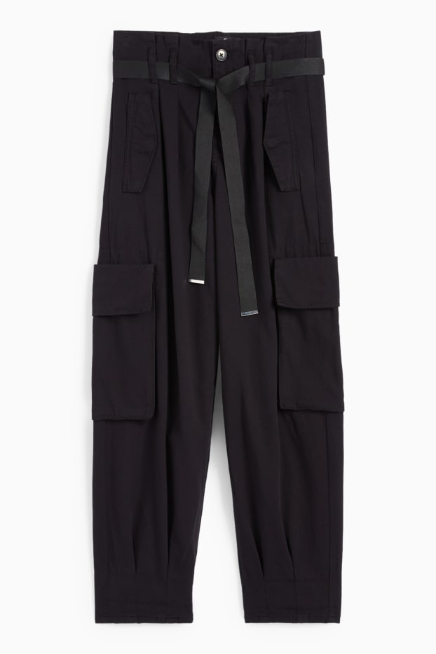 Women - Cargo trousers - high waist - tapered fit - black