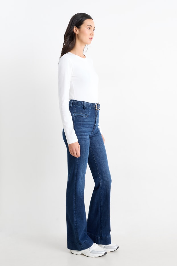 Femei - Flared jeans cu curea - talie înaltă - LYCRA® - denim-albastru