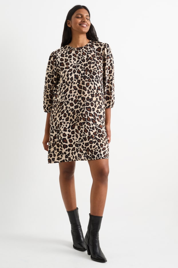 Kobiety - Sukienka z bufiastymi rękawami - nadruk leoparda - brązowy