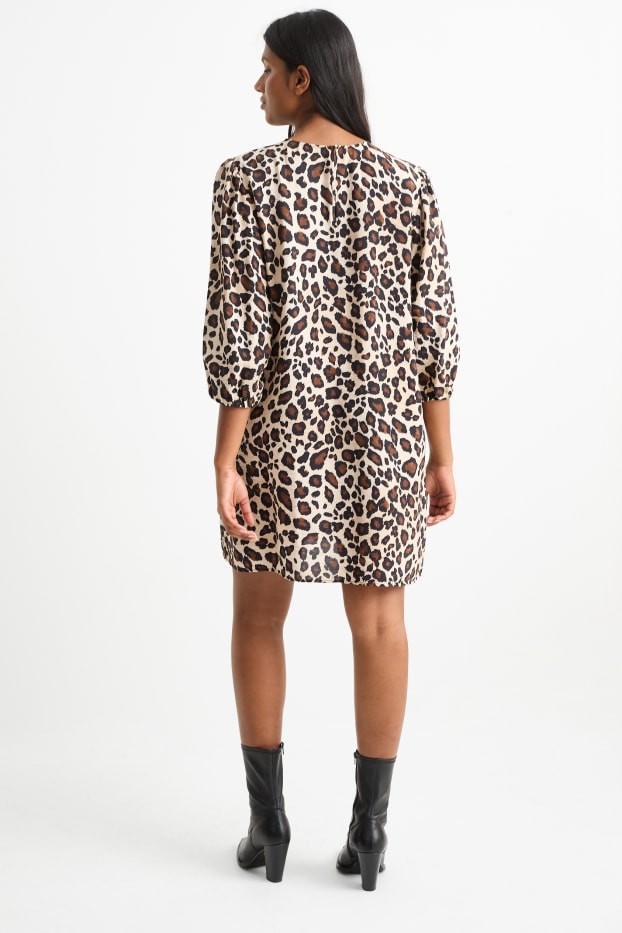 Kobiety - Sukienka z bufiastymi rękawami - nadruk leoparda - brązowy