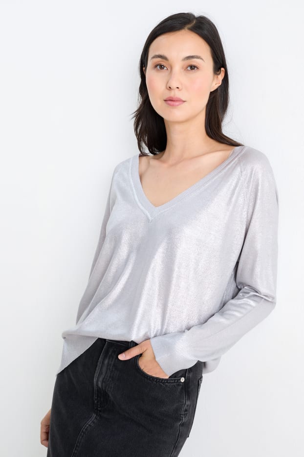 Donna - Maglione in maglia fine scollo a V - effetto brillante - argento