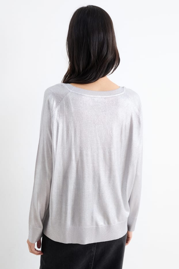 Donna - Maglione in maglia fine scollo a V - effetto brillante - argento