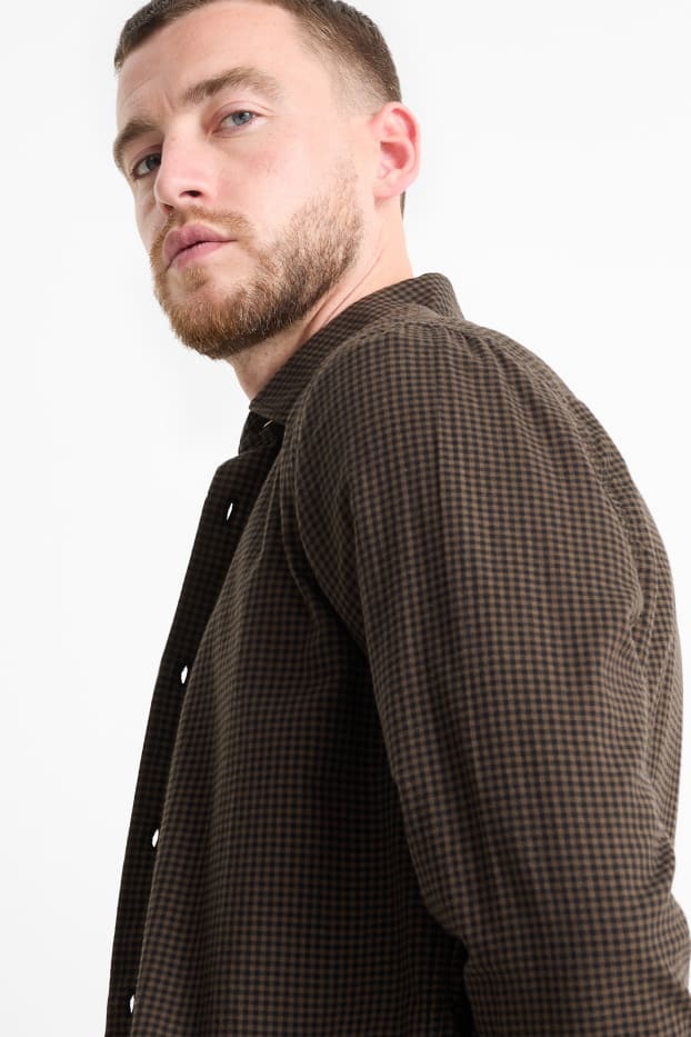 Uomo - Camicia - regular fit - collo all'italiana - a quadretti - marrone scuro