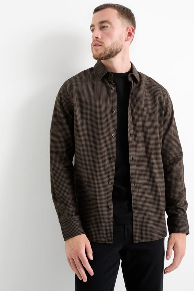 Uomo - Camicia - regular fit - collo all'italiana - a quadretti - marrone scuro