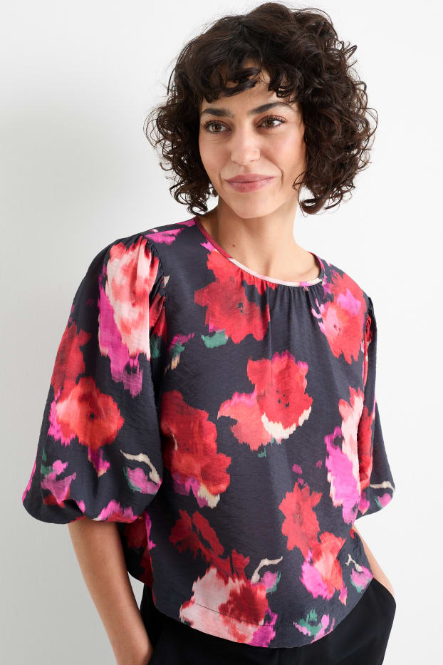 Damen - Bluse - geblümt - schwarz / rosa