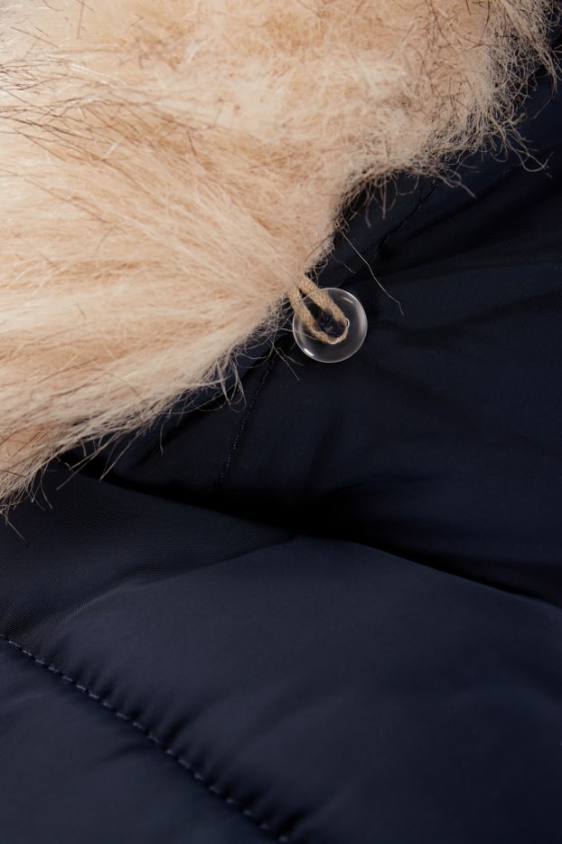 Kinderen: meisjes - Gewatteerde jas met capuchon, imitatiebontrandje en riem - donkerblauw