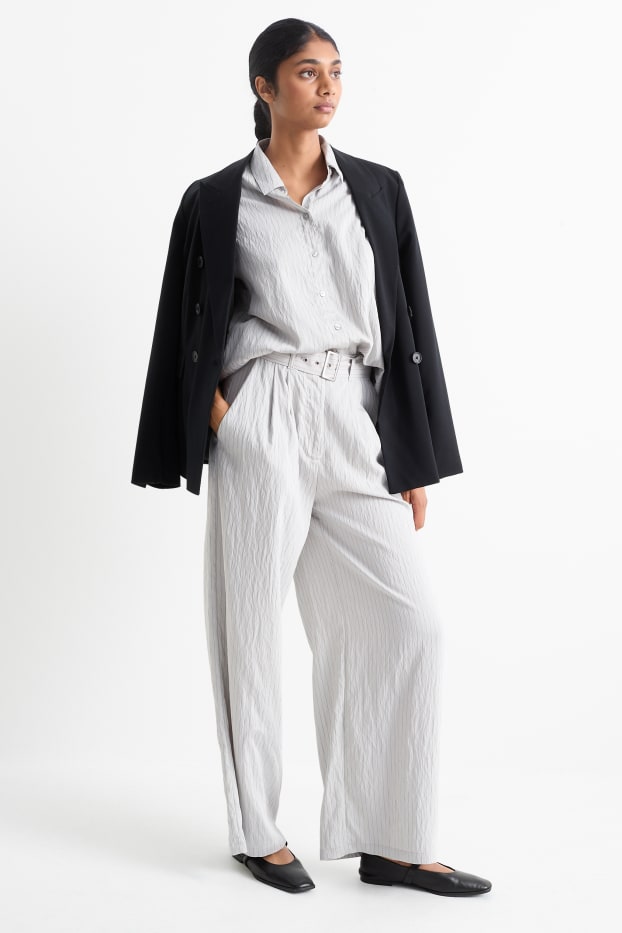 Donna - Pantaloni di stoffa con cintura - vita alta - gamba larga - design gessato - grigio chiaro