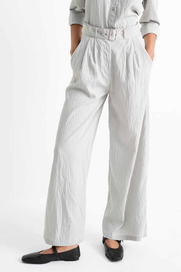 Donna - Pantaloni di stoffa con cintura - vita alta - gamba larga - design gessato - grigio chiaro