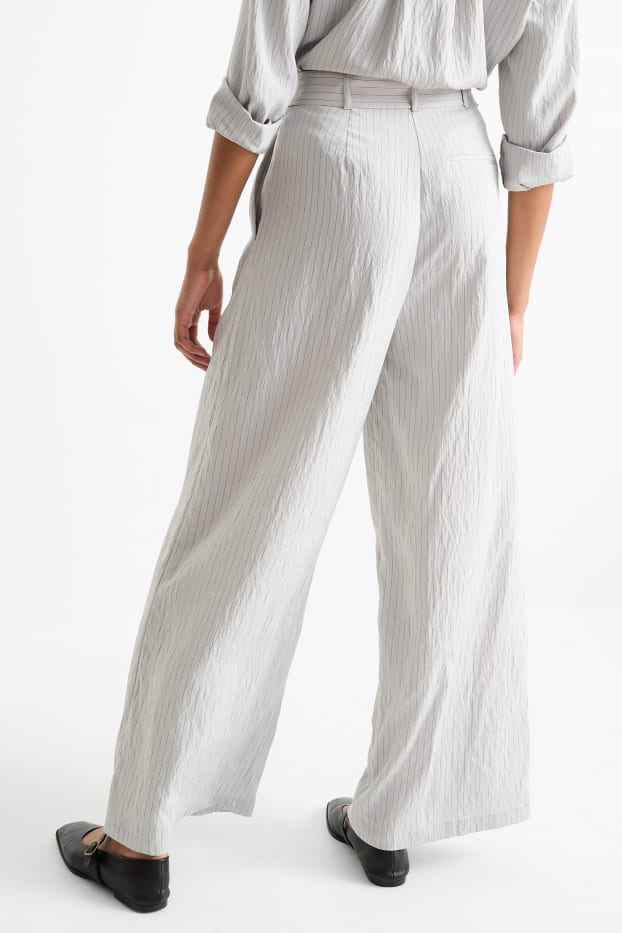 Donna - Pantaloni di stoffa con cintura - vita alta - gamba larga - design gessato - grigio chiaro