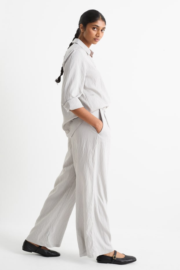 Donna - Pantaloni di stoffa con cintura - vita alta - gamba larga - design gessato - grigio chiaro