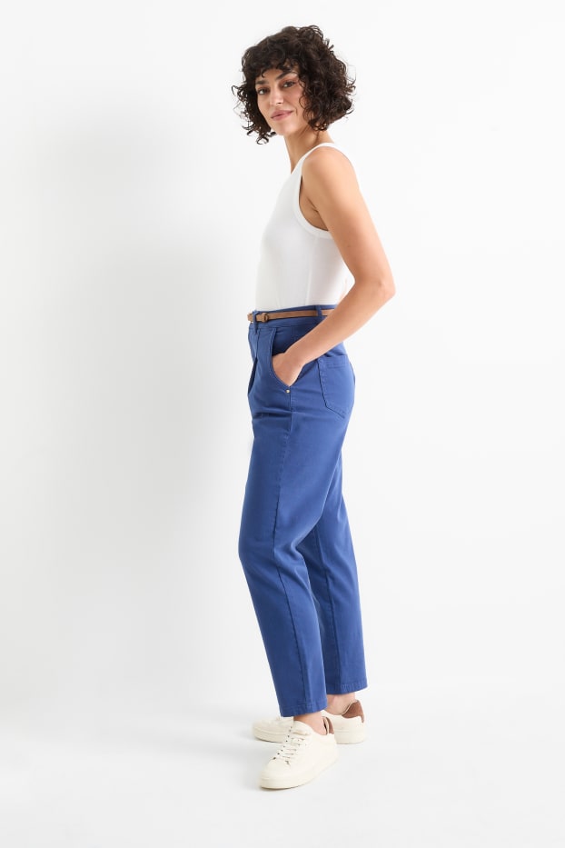 Damen - Stoffhose mit Gürtel - High Waist - Barrel Leg - blau