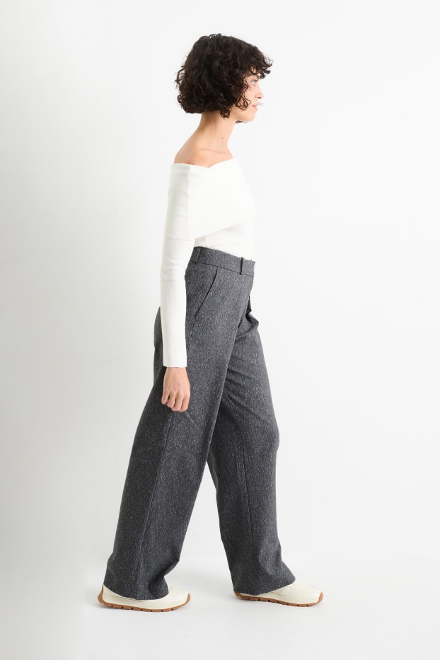 Dames - Pantalon - high waist - wide leg - met patroon - donkergrijs