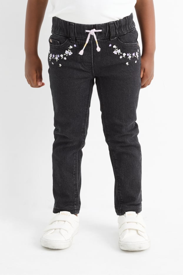 Kinder Mädchen - Thermojeans - geblümt - dunkelgrau