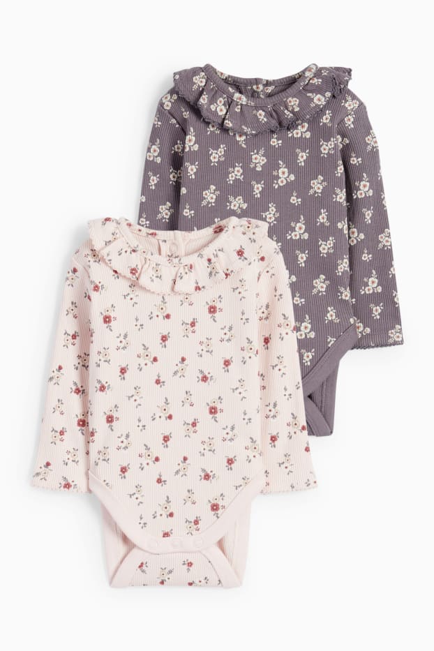 Bébés filles - Lot de 2 - petites fleurs - bodys bébé - gris / rose
